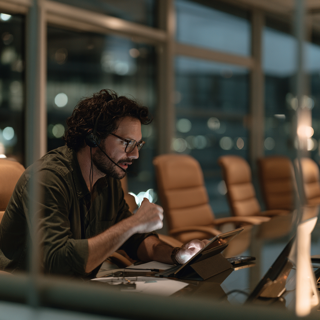 A sales rep with a headset reviewing visit notes on a tablet in the evening.